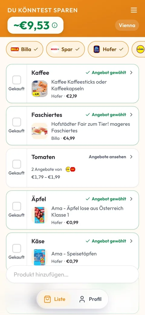 Deine Einkaufsliste mit verfügbaren Aktionen und geschätzter Ersparnis.