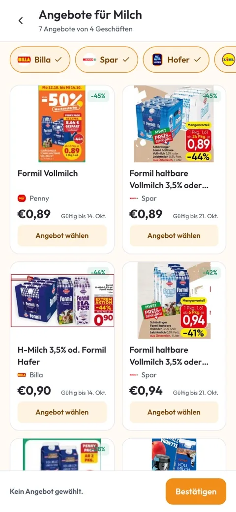 Angebote für ein Produkt in verschiedenen Geschäften, mit Preisen und Rabatten.