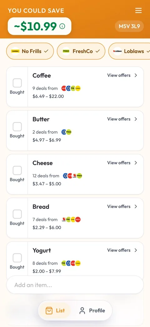 Your grocery list, with available offers and estimated savings.