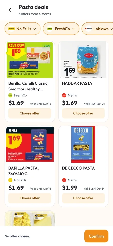 Offers for one item at different stores, with prices and discounts.
