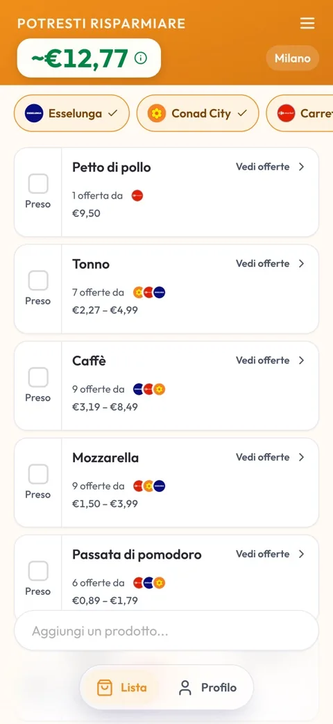 La tua lista della spesa, con le offerte disponibili e il risparmio stimato.
