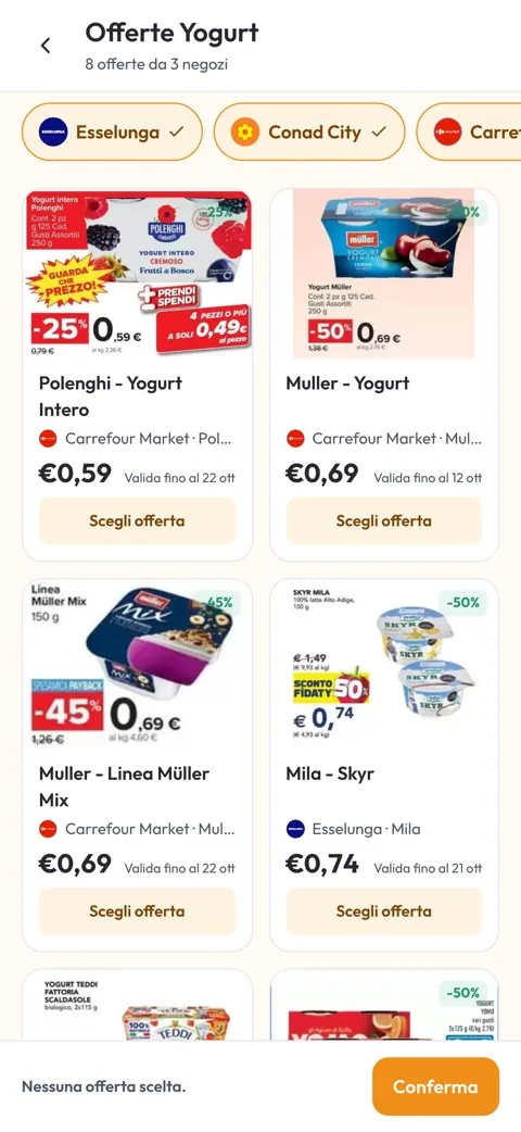 Le offerte per un prodotto in diversi negozi, con prezzi e sconti.